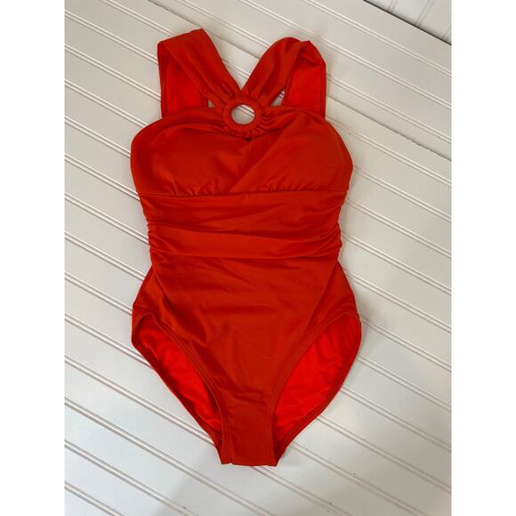 NWOT Michael Kors One Piece Bathing Suit Red Drapey High Neck Swimsuit Size XS - Picture 2 of 7